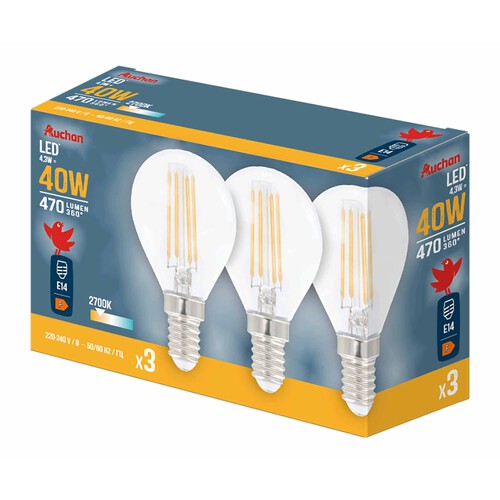Pack de 3 bombillas Led E14, 4,3W=40W, luz cálida, 470lm, PRODUCTO ALCAMPO.