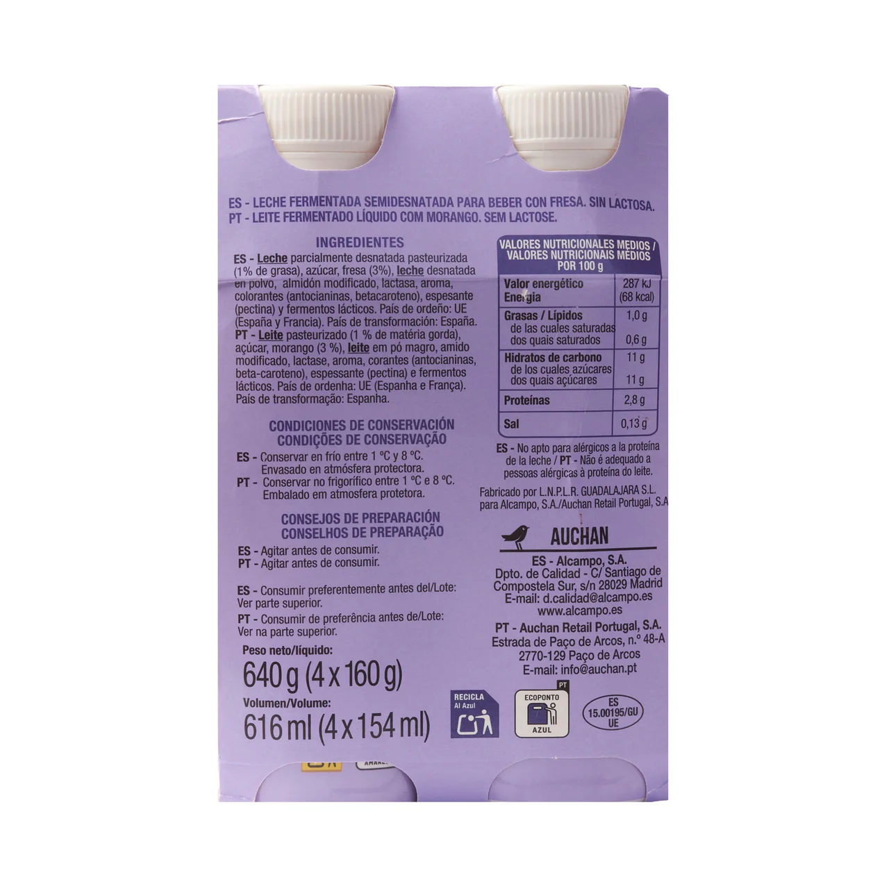 AUCHAN Leche fermentada sin lactosa y con fresa 4 x 154 ml. Producto Alcampo