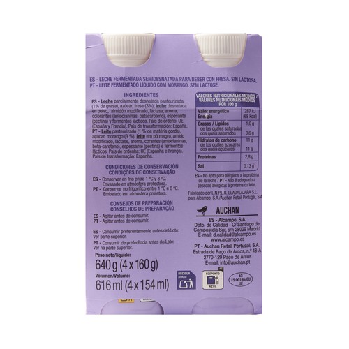 AUCHAN Leche fermentada sin lactosa y con fresa 4 x 154 ml. Producto Alcampo