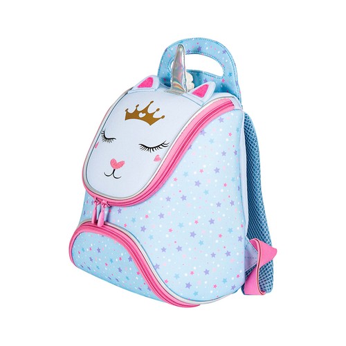Mochila preescolar diseño de unicornio, color azul y naranja, PRODUCTO ALCAMPO, 24x25x13cm.