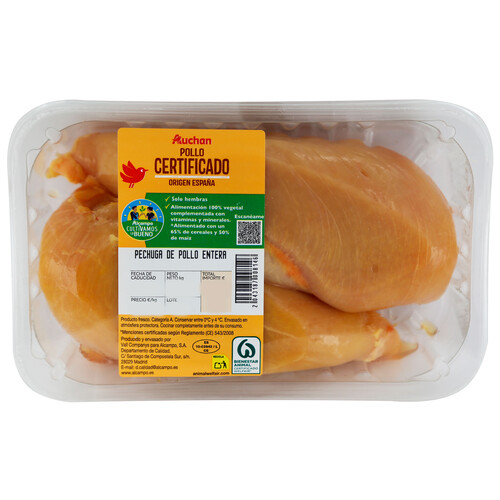 Pechugas de pollo certificado entera ALCAMPO PRODUCCIÓN CONTROLADA bandeja 750 Gramos Aproximados