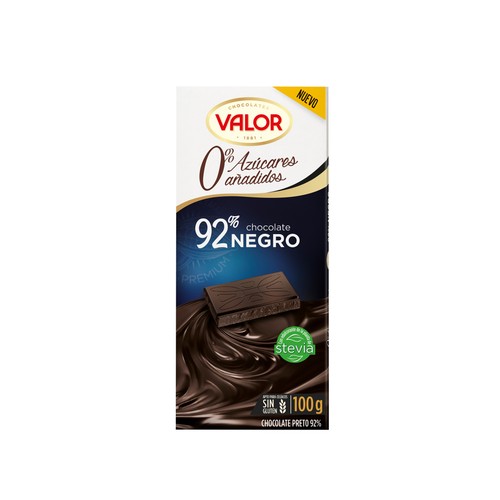 VALOR Chocolate negro 92 % cacao, sin azucares añadidos 100 g.