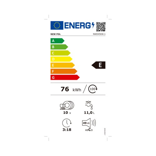 Lavavajillas NEW POL NWD456W.1, capacidad: 10 servicios, clasificación energética: E, H: 85cm, A: 44,8cm, F: 59,8cm.