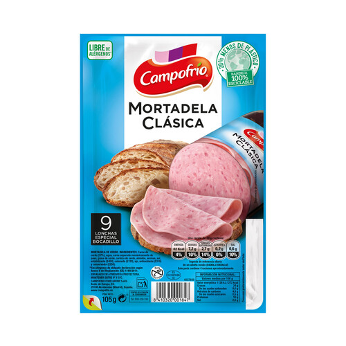 CAMPOFRÍO Mortadela clásica elaborada sin gluten y cortada en lonchas especiales para bocadillo CAMPOFRÍO 105 g.