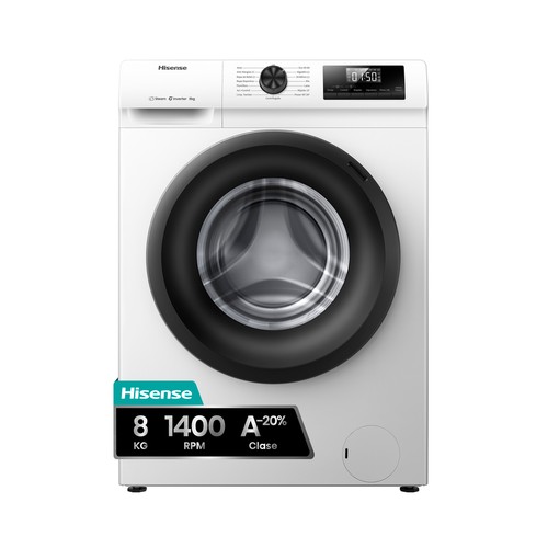 Lavadora HISENSE WF1Q8041BW 8KG blanca, clasificación energética: A, 1400RPM, H: 84,5cm, A: 59,5cm, F: 54cm.
