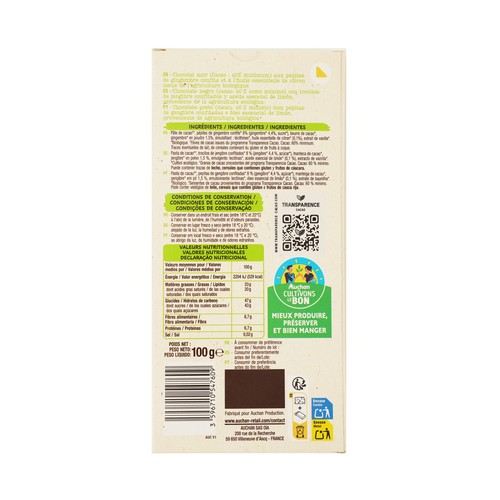 PRODUCTO ALCAMPO Bio Tableta de chocolate negro (60% cacao) con jenjibre y esencia de limón 100 g.
