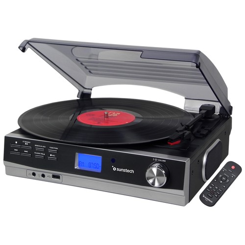 Tocadiscos SUNSTECH PXR23BK 3 velocidades, 33,45, 78 RPM, 10W potencia, BLUETOOTH, sintonizador de radio FM/AM.