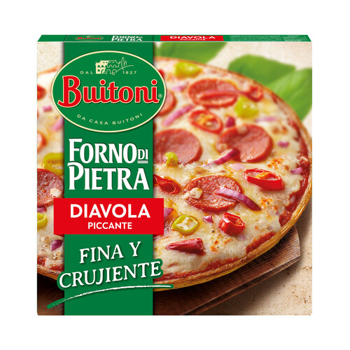 BUITONI Pizza diavola (picante) con pepperoni, guindillas y masa fina y crujiente Forno di pietra 340 g