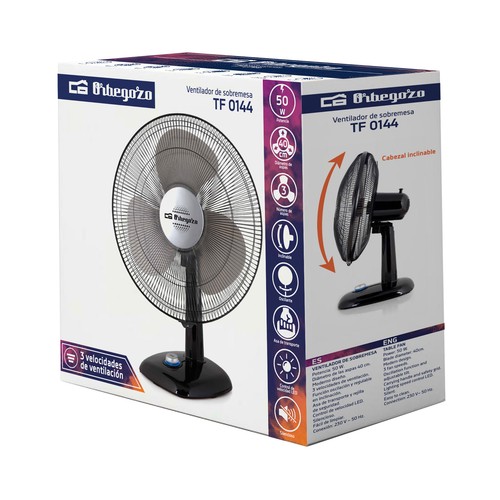 Ventilador de sobremesa oscilante 40cm OBREGOZO TF 0144, potencia 50W, 3 velocidades de ventilación, color negro y plateado.