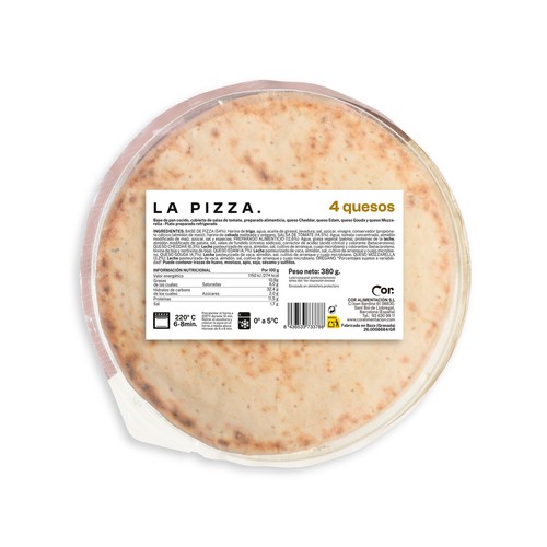 DEORO Pizza fresca 4 quesos (Cheddar, Edam, Gouda, Mozzarella), cocida en horno de piedra DEORO 380 g.