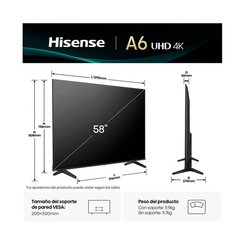 Televisión 147,3 cm (58") DLED HISENSE 58A6Q, 4K, Ultra HD, Smart TV, VIDAA, WIFI, 3HDMI, 2USB, HDR10, 60 Hz.