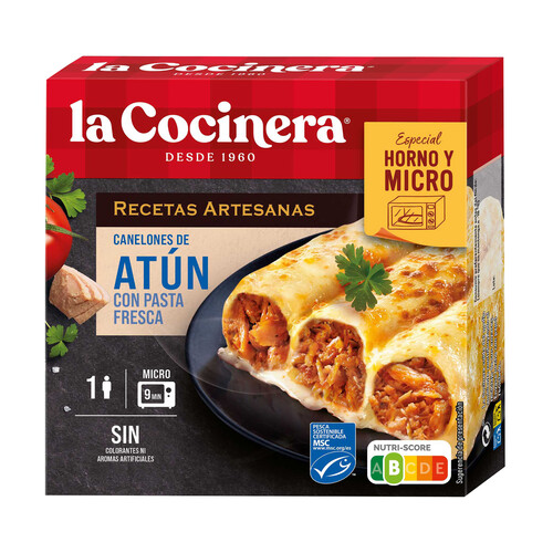 LA COCINERA Recetas artesanas Canelones de pasta fresca, rellenos de atún, especiales para horno y microondas 280 g.