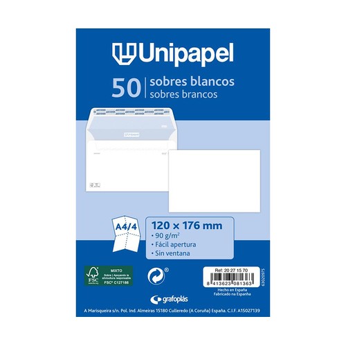 Paquete de 50 sobre blanco 120x176 90gr, UNIPAPEL.