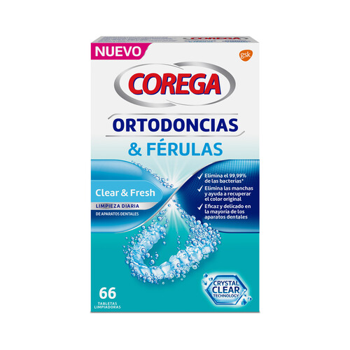 COREGA Pastillas limpiadoras de ortodoncias y férulas, de uso diario COREGA 66 uds.