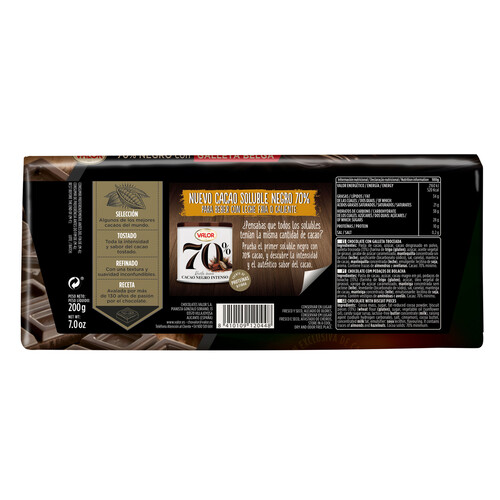 VALOR Chocolate negro (70 % cacao) con galleta Belga 200 g.