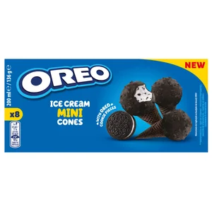 OREO Mini conos de helado de vainilla con trozos de galletas al cacao 8 x 25 ml.