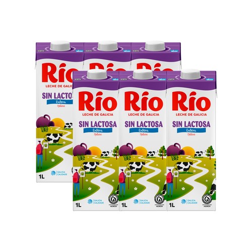 RÍO Leche de vaca entera y sin lactosa, de origen 100% gallego 6 x 1 l.