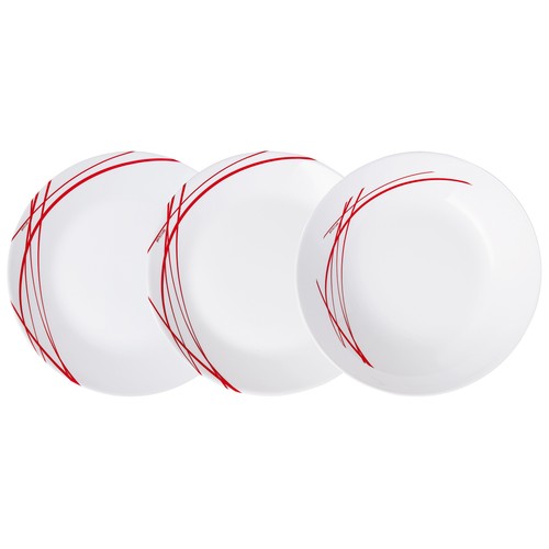 Vajilla de 18 piezas redondas fabricadas en vidrio opal color blanco con detalle lateral de lineas rojas, Domitille ARCOPAL.
