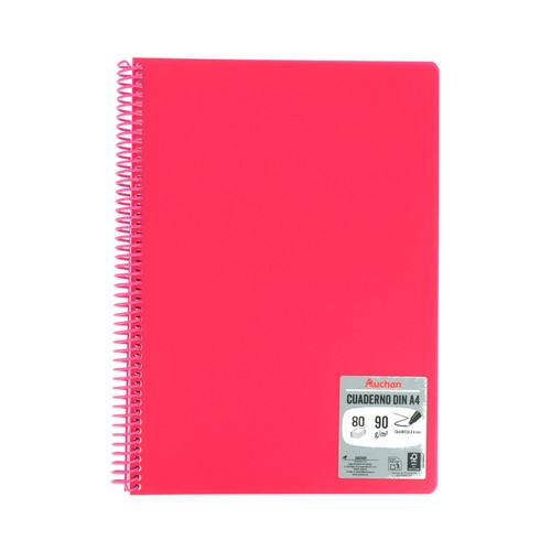 Cuaderno tamaño A4, color rojo pastel, 80 hojas de 4 x 4, 90 gr, ALCAMPO.