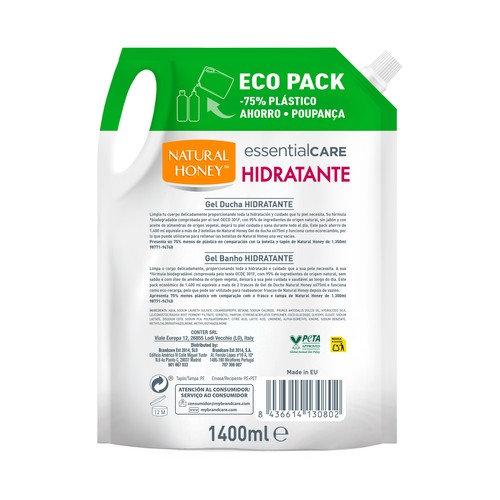 NATURAL HONEY Essential care Recarga gel de baño o ducha hidratante con aceite de almendras dulces 1.4 l.