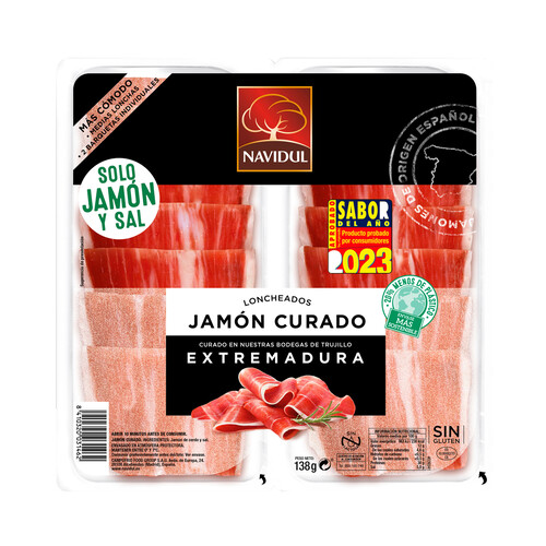 NAVIDUL Jamón curado en Extremadura, cortado en medias lonchas y elaborado sin gluten y sin lactosa NAVIDUL 2 x 69 g.