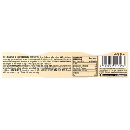 MERCADER Granizado de leche merengada, elaborada sin gluten 4 x 190 ml.
