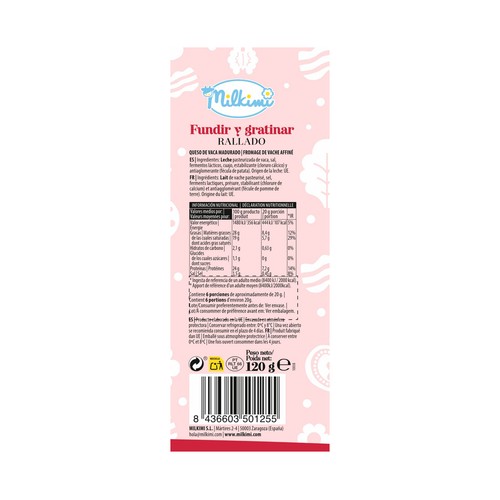 MILKIMI Queso rallado para fundir y gratinar 120 g.