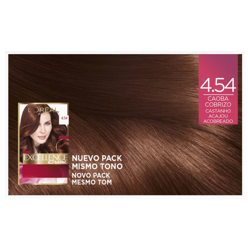 Tinte de pelo permanente tono 4.54 Caoba cobrizo L´ORÉAL PARIS Excellence creme.