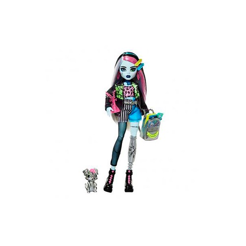 MONSTER HIGH Frankie Stein Muñeca articulada con mascota y accesorios de moda, 25cm juguete +4 años