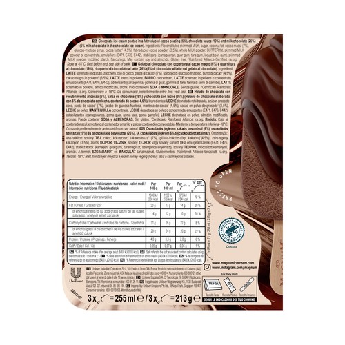 MAGNUM Helado de chocolate con una capa de chocolate recubierto de chocolate con leche 3 x 85 ml.
