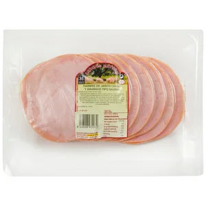 Bandeja con fiambre de jamón cocido y ahumado tipo Sajonia, cortado en lonchas CAYSAN 350 g.