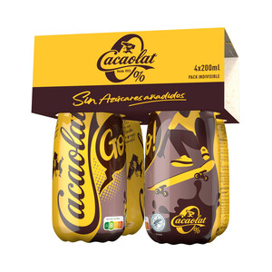 Imagen de CACAOLAT Batido de chocolate con stevia y sin azúcares añadidos CACAOLAT 0% 4 x 200 ml.