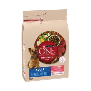Mini Comida para perros adultos de raza pequeña, rico en buey con arroz 3 kg.