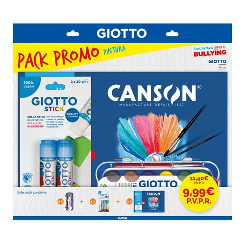 Set para pintar: caja de acuarelas + papel técnica húmeda + pegamento en barra, promo pack VAC 2026. GIOTTO