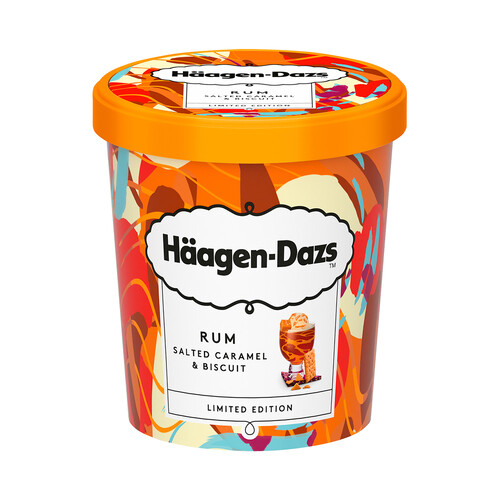 Tarrina de helado de vainilla con salsa de ron, caramelo salado y trocitos de galletas HÄAGEN-DAZS 460 ml.