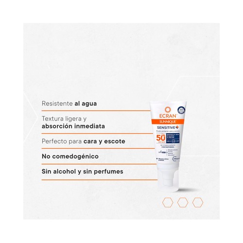 ECRAN Sunnique sensitive+ Protector solar para cara y escote con FPS 50+ (muy alto) 50 ml.