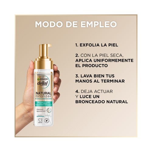 DELIAL Natural bronzer de Garnier Autobronceador con textura mousse con un 92% de ingredientes de origen natural 200 ml.
