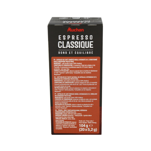 PRODUCTO ALCAMPO Café molido de tueste natural Espresso Classico, intensidad 8, en cápsulas PRODUCTO ALCAMPO 20 uds. 104 g.