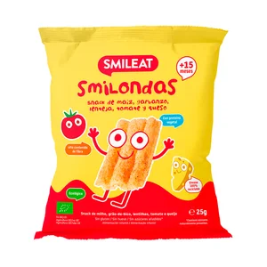 SMILEAT Smilondas Snacks de maiz, garbanzo, lenteja, tomate y queso ecológicos, a partir de 15 meses 25 g.