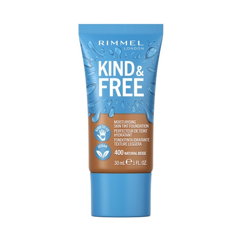 RIMMEL Kind & free Tono 400 Natural Base de maquillaje hidratante para un acabado radiante y saludable, 30 ml.