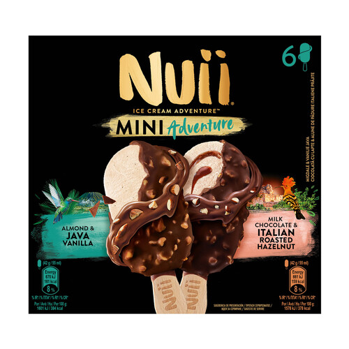 NUII Adventure Mini helados de vainilla de Java (3) y de avellana italiana (3), recubiertos de chocolate con leche 6 x 55 ml.