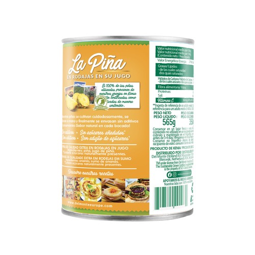DEL MONTE Piña en su jugo, rodajas 350 g.
