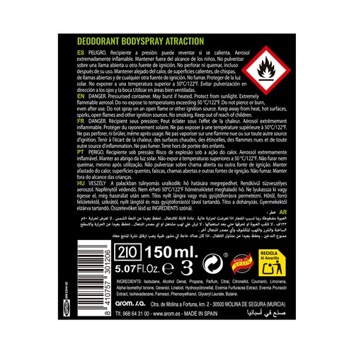 Desodorante en spray para hombre con protección antitranspirante hasta 24 horas WEISS Atraction 150 ml.