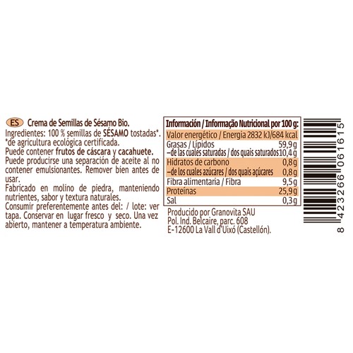 ALVIME Tahini ecológico (crema de semillas de sésamo molido en piedra) 175 g.