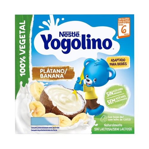 YOGOLINO Postre 100% vegetal con coco y plátano, adapatado para bebés a partir de 6 meses YOGOLINO de Nestlé 4 x 90 g.