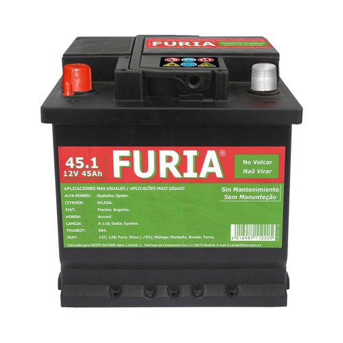 Batería de coche 45Ah, arranque 400A, 12V, L: 20,7cm, A: 17,5cm, H: 19cm, FURIA.