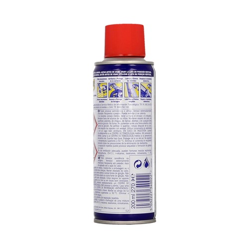 Spray de aceite multiusos con canula aplicadora WD 40 200 mililitros.