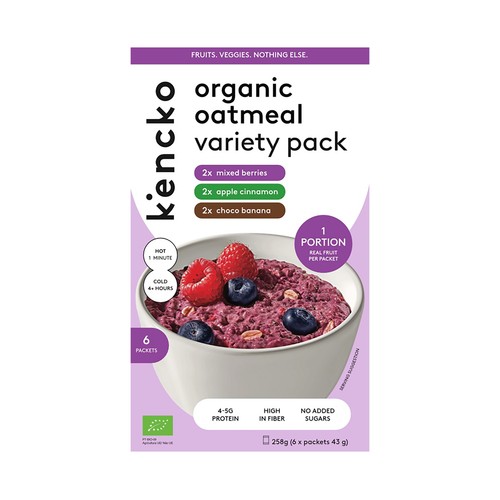 KENCKO Copos de avena ecológicos instantáneos con chocolate (2), frutos rojos (2) y mazana y canela (2) 6 x 43 g.