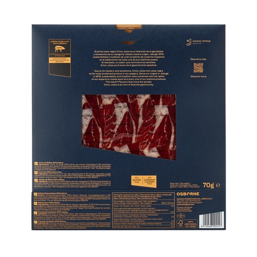 5J Jamón de bellota ibérico (100% raza ibérica) en lonchas cortadas a mano 80 g.