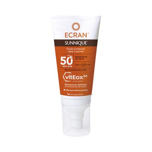 ECRAN Sunnique Fluido facial protector para cara y escote con FPS 50+ (muy alto) 50 ml.